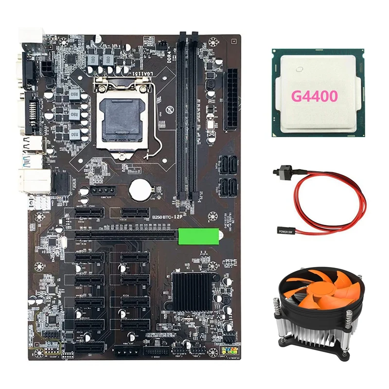 B250 BTC Mining Motherboard with G4400 CPU+Cooling Fan+Switch Cable 12XGraphics Card Slot LGA 1151 DDR4 USB3.0 for | Компьютеры и офис