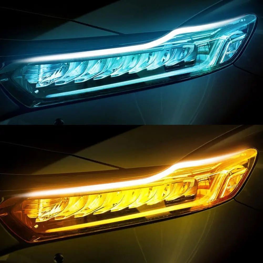 

2pcs Led Drl 12V Car Daytime Running Lights Flexible Waterproof Auto Turn Signal Yellow Lights Decorative Lamp Automotive Goods