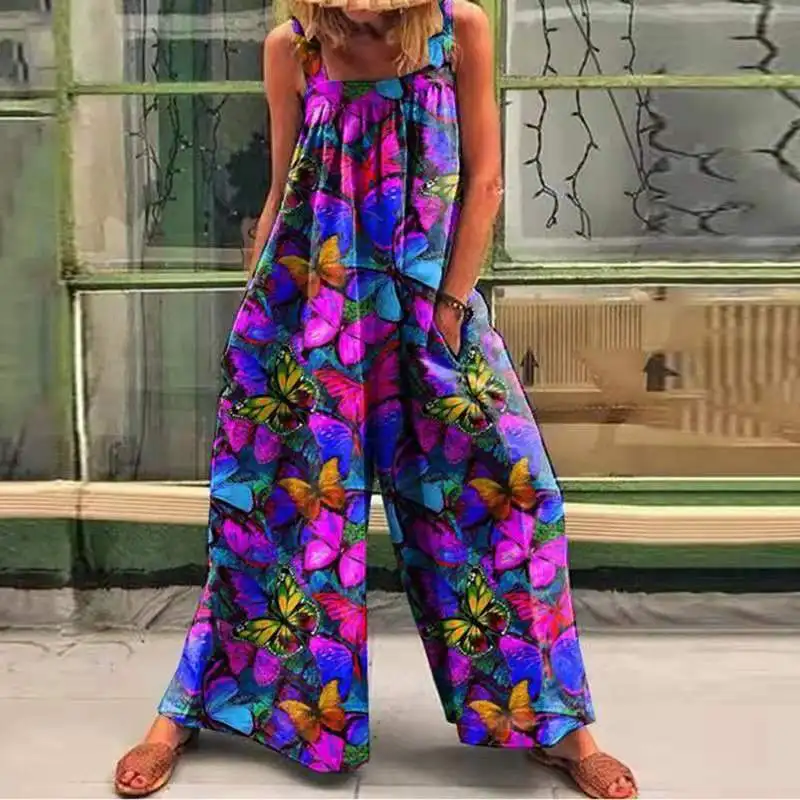 

Casual Women Wide Leg Jumpsuit Sexy Floral Butterfly Print Sleeveless Loose Jumpsuit 2021 Summer Ladies Leisure Loose Playsuit