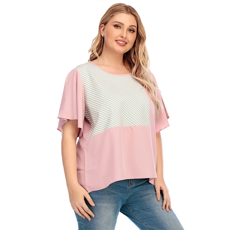 

Casual Summer Women's Dress 2021 Hit O-Neck Loose Contrast Color Striped T-Shirt Blouses Tops Plus Size Clothing For Fat Lady