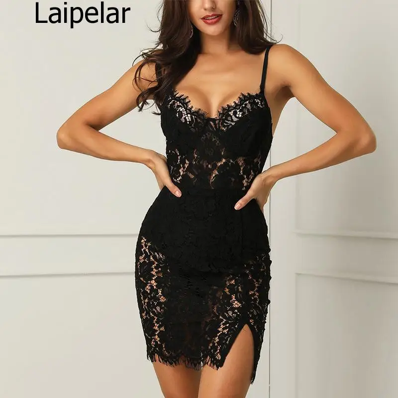 Сексуальное черное кружевное летнее платье женское Прозрачное на бретельках с