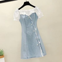 dress 2021 new fashion lace stitching one shoulder denim dress buttoned a line skirt summer womans clothes