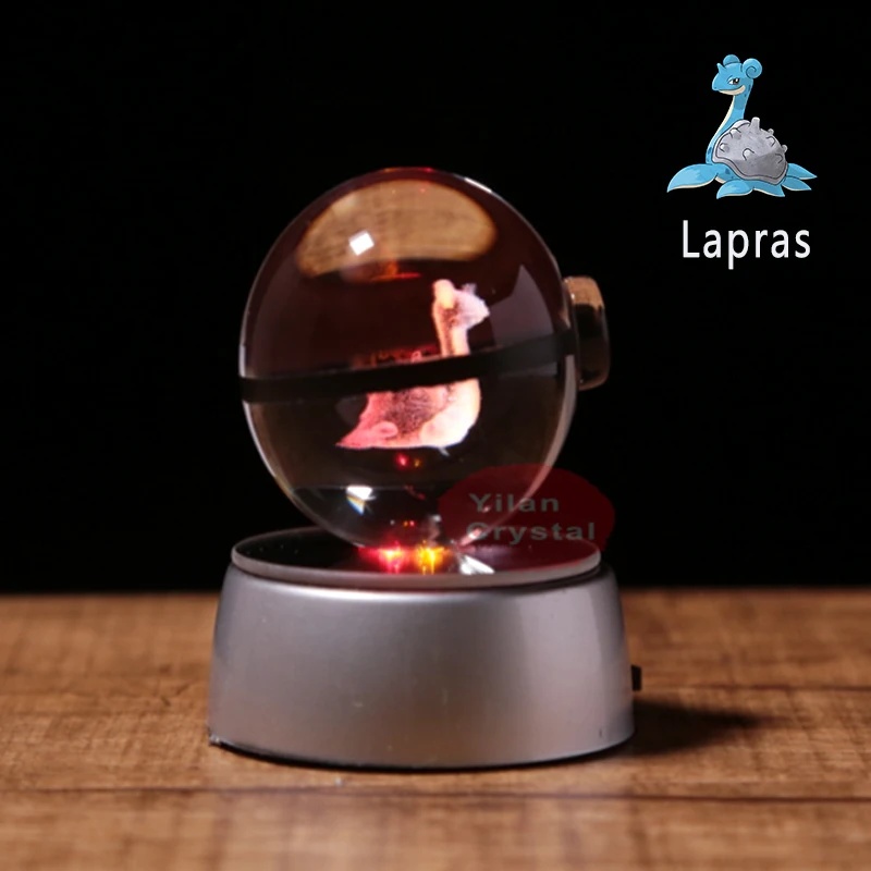 Anime Pokemon Lapras 3D Crystal Ball Pokeball Anime Figures Engraving Crystal Model with LED Light Base Kids Toy ANIME GIFT