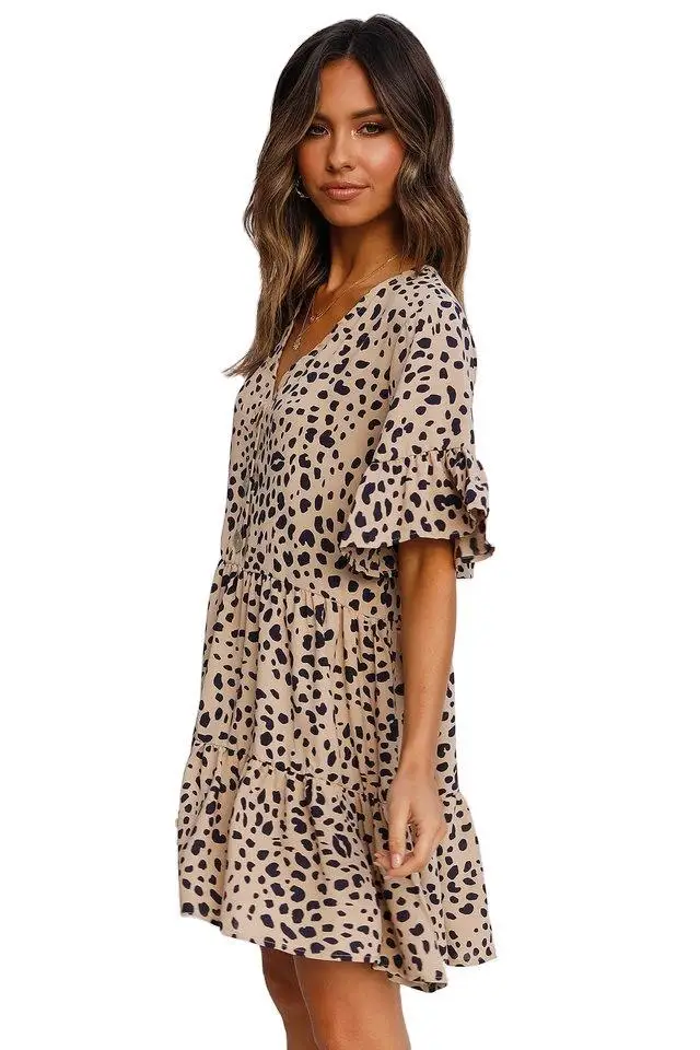 

2020 Summer Women Dress Fashion Leopard Print Casual Dress Elegant Ladies V Neck Butterfly Sleeve A Line Buttons Short Dress