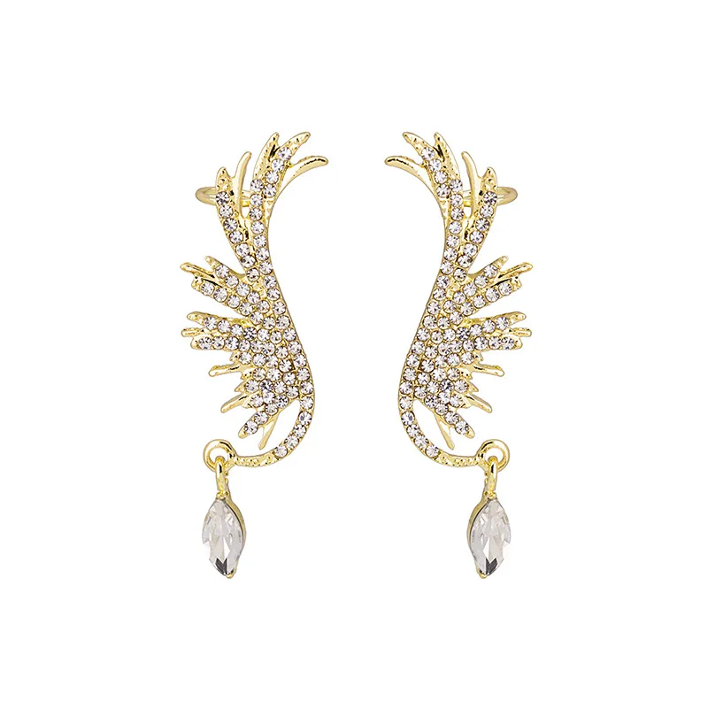 Модные готические серьги с крыльями ангела, полностью украшенные кристаллами, в форме листьев, подарок для женщин на вечеринку, наушники-зажим на ухо, блестящие серьги.