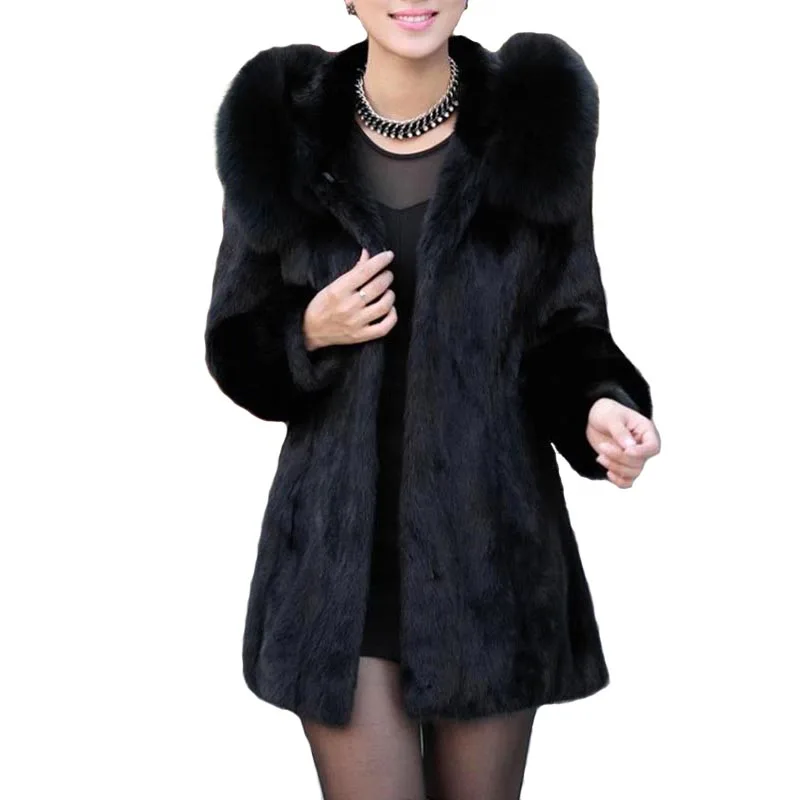 

2022 Черная куртка из искусственного меха, женская зимняя имитация меха лисы, воротник с капюшоном и длинным рукавом, свободное теплое пальто, шикарное пальто N111