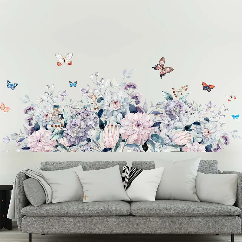 Watercolor Flowers Wall Stickers for Living room Bedroom Kitchen Decor Baseboard Sticker Home Vinyl PVC Decals | Дом и сад