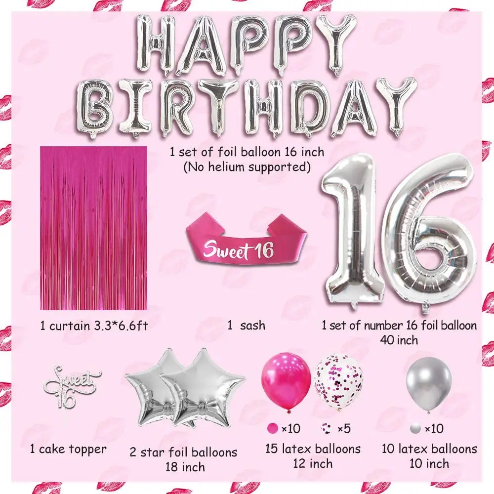 Decoraciones para fiesta de cumplea&ntilde;os 16 para ni&ntilde;as, suministros para fiesta de cumplea&ntilde;os n&uacute;mero 16, globos, cortina, pancarta de feliz cumplea&ntilde;os-3