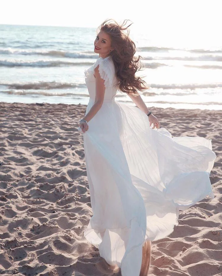 

Boho Sleeve Backless Bridal Gowns Plus Size Said Mhamad Middle East Pleats Beach Wedding Dresses 2020