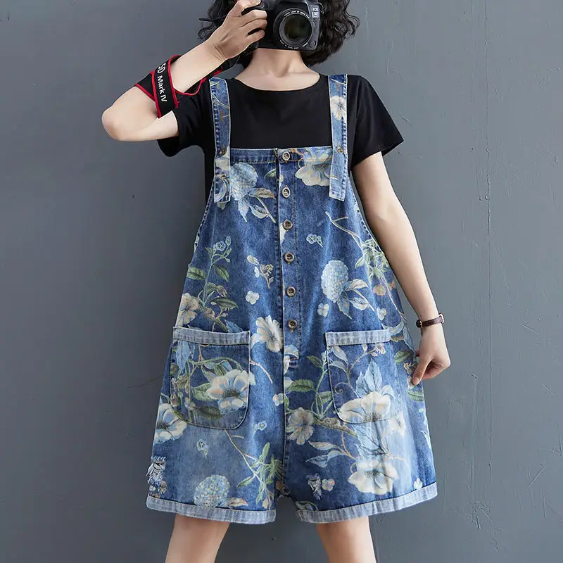 

Retro Printed Denim Straps Summer Clothes Outfits For Rompers Womens Jumpsuit Women 2020 Clothing 2021 Romper Shorts Kliou Kilou
