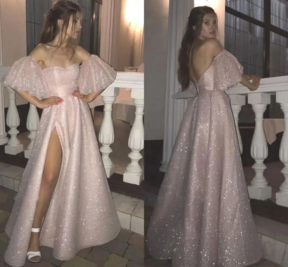 

YiMinpwp Sparkly Prom Dresses Off Shoulder Short Sleeve High-Thigh Slits Sequined Long Formal Evening Party Gowns Celebrity Gown