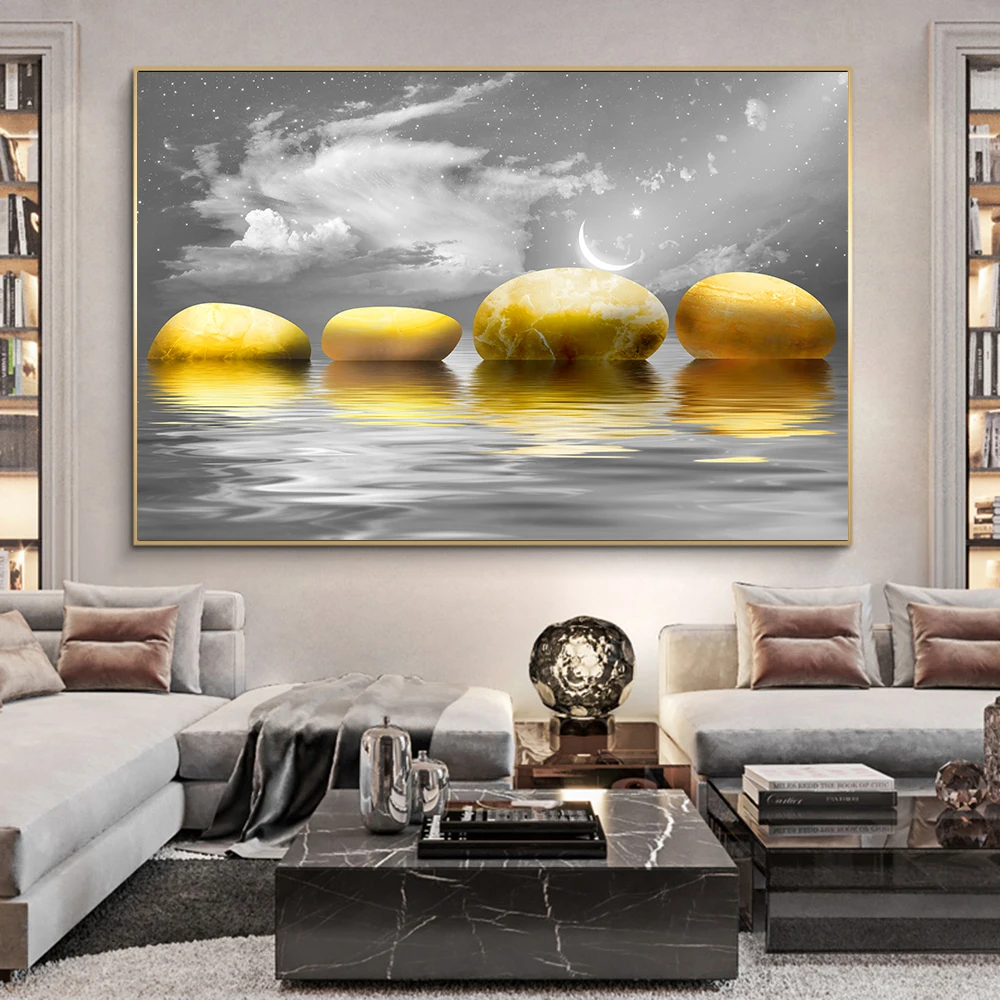 

Modern Minimalist Landscape Prints Lake and Stones Poster Golden Stone Wall Art Pictures for Living Room Interior Home Decor