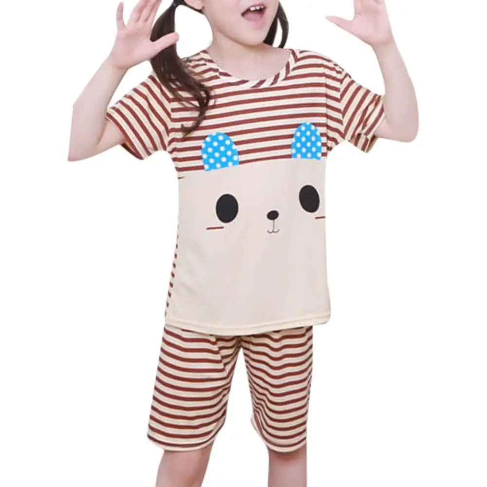 

Short Sleeve Cartoon Striped Pajamas Suit Boys Girls Printed Homewear