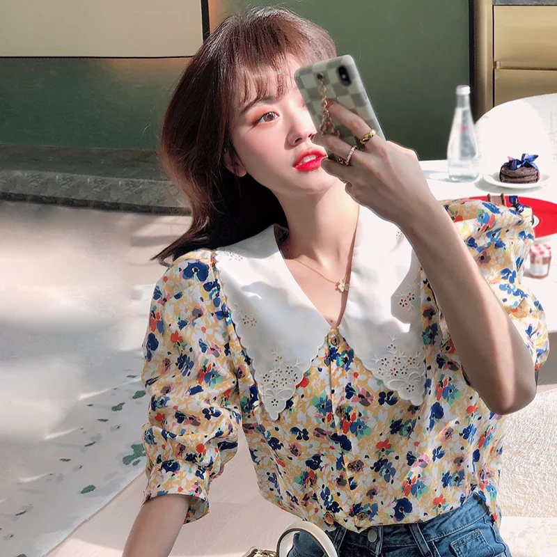 

blouse women summer Korean Floral Blouses tops Lapel Short Sleeve Embroidered Shirt blusas mujer de moda 2020