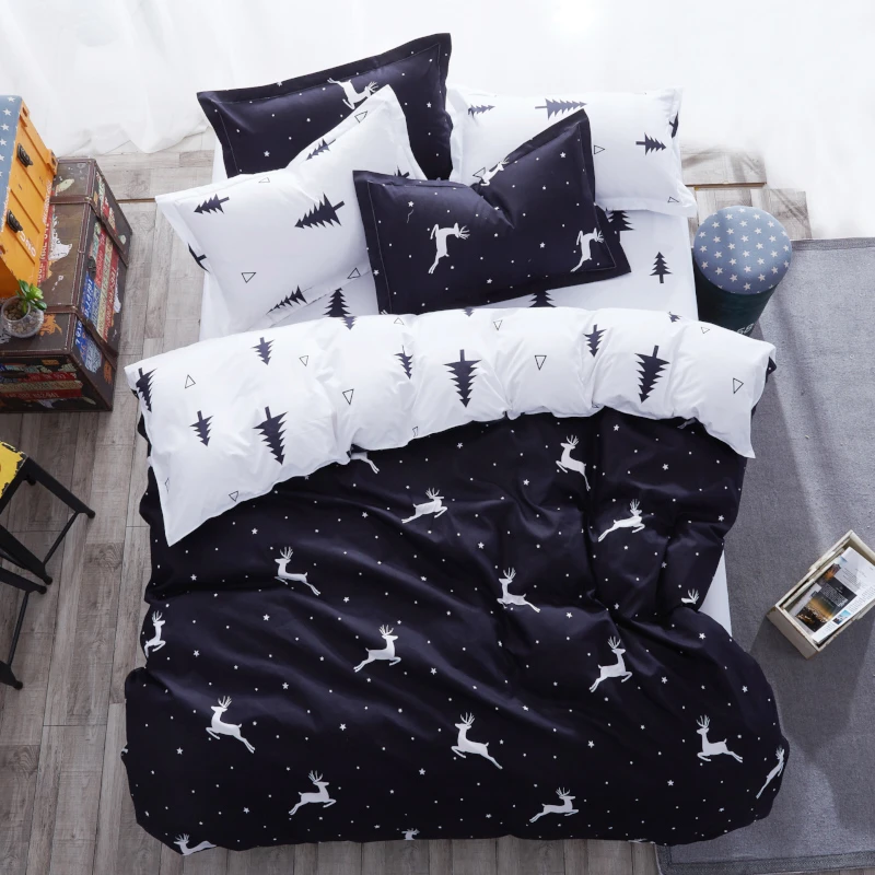 

New Cartoon Christmas Tree Elk Bedclothes Simple Fashion Geometric Stripes Bed Sheet Duvet Cover Sets 3/4pcs Bedding Set