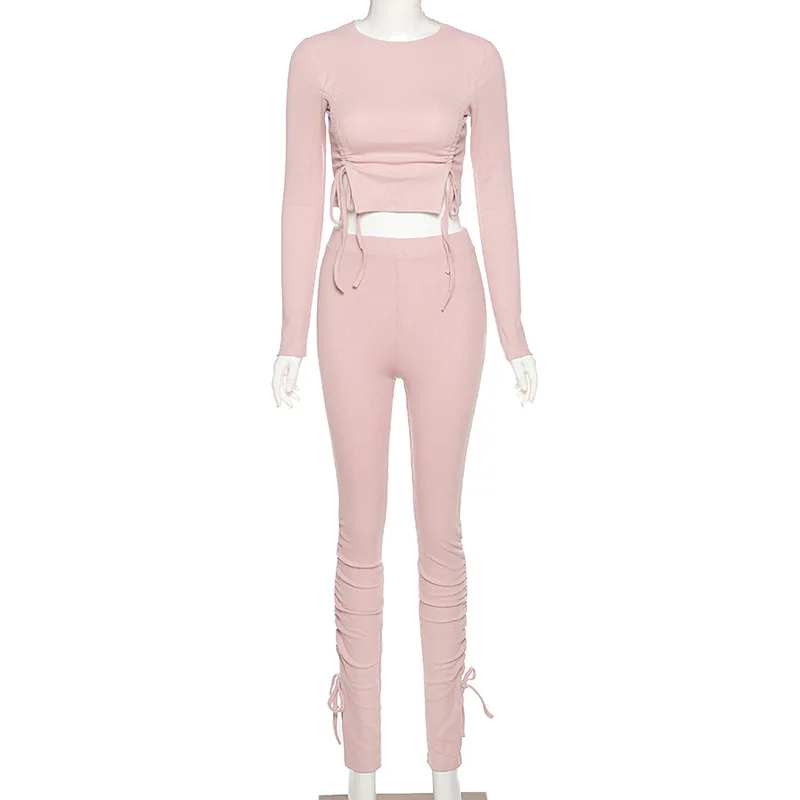 

ZKYZWX Sexy Knitted Two Piece Set Tracksuit Women Lace Up Crop Top Hem Split Pant Sweat Suits Loungewear Outfits Matching Sets