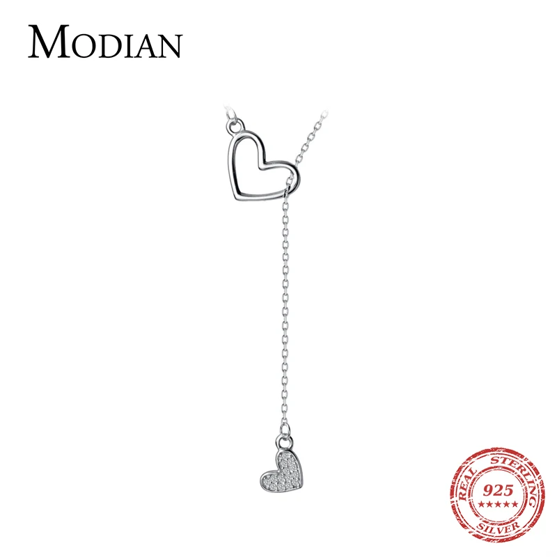 Modian, романтическое ожерелье с двумя сердечками, 925 пробы, серебряное, в форме сердца, длинная цепочка, ожерелье, Подвеска для женщин, свадебная мода, хорошее ювелирное изделие