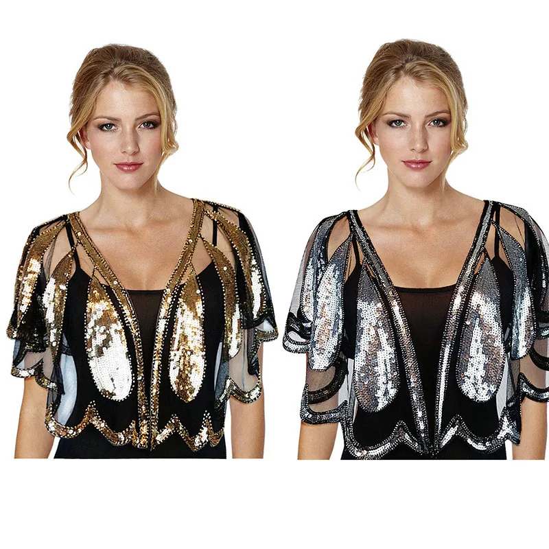 1gold-1silver shawl Женская винтажная шаль 1920 s, расшитое бисером и блестками болеро, Хлопушка, вечерняя накидка - Цвет: 1gold-1silver shawl
