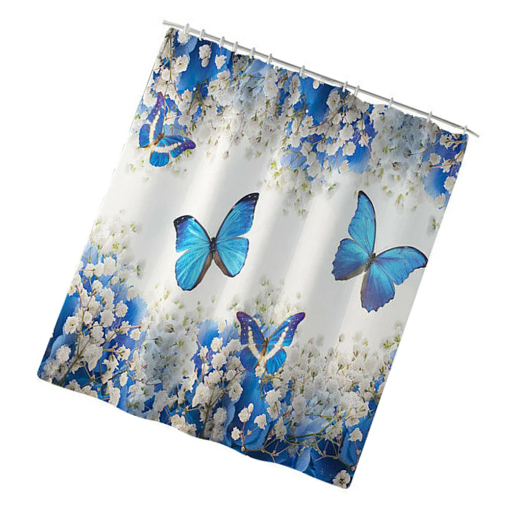 

Flower Butterfly Printing Waterproof Shower Curtain Carpet Toilet Mat Set Toilet Lid Cover + Pedesta