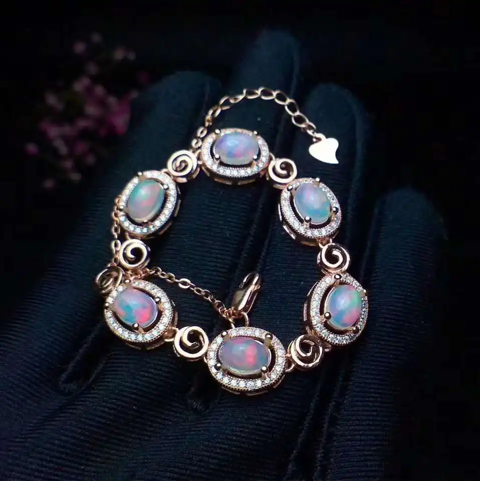 Натуральный опал браслет твердый S925 стерлингового серебра для женщин Цвет