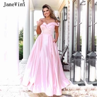 janevini 2020 pink a line prom dress long with pockets off the shoulder floor length satin simple formal women dresses plus size