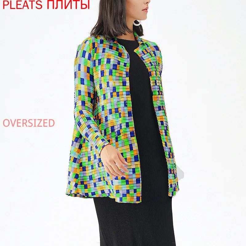 

Модное клетчатое тонкое длинное пальто средней длины с принтом, ветровка MIYAKE, плащ со складками, Abrigo Mujer