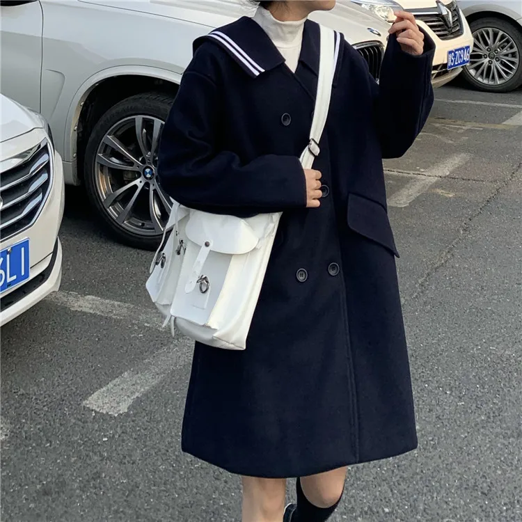 

Womens Loose Mid-length Navy Turn-down Collar Trench Coat 2021 Spring Autumn New Ladies Casual Double-breasted Solid Windcoat