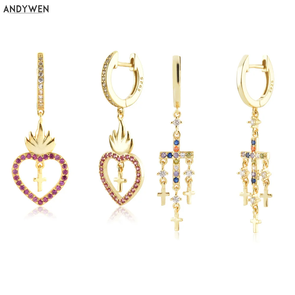 

ANDYWEN 925 Sterling Silver Gold Rose Red Heart Cross Drop Earring Women Piercing Clips Loops Circle Luxury Party Jewelry Gift