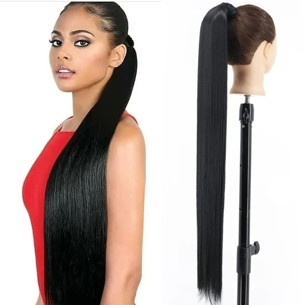

34inches Ponytail Hair Extension Clip in Fake Wig Hairpiece Synthetic Blonde Wrap Around Pigtail Long Smooth Overhead Pony Tail