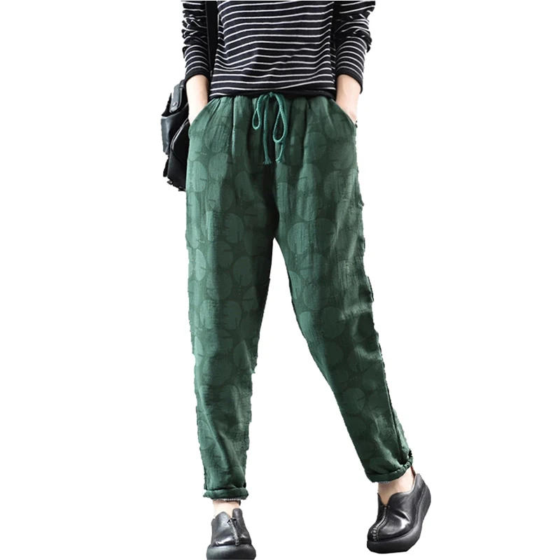 Брюки женские с хлопковой подкладкой свободные длинные штаны в горошек