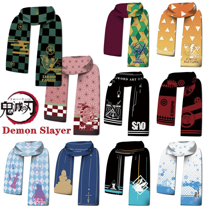 Anime Demon Slayer Scarf Kimetsu No Yaiba Double-Faced pattern Velvet Unisex Cartoon Wrap Scarfs Winter Warm Xmas Cosplay Gift