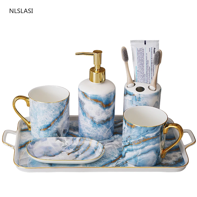 

European Simple Ceramic Bathroom Supplies Accessories Set Bath Toothbrush Holder Soap Dispenser Soap Dish Mouth Cup with Handle