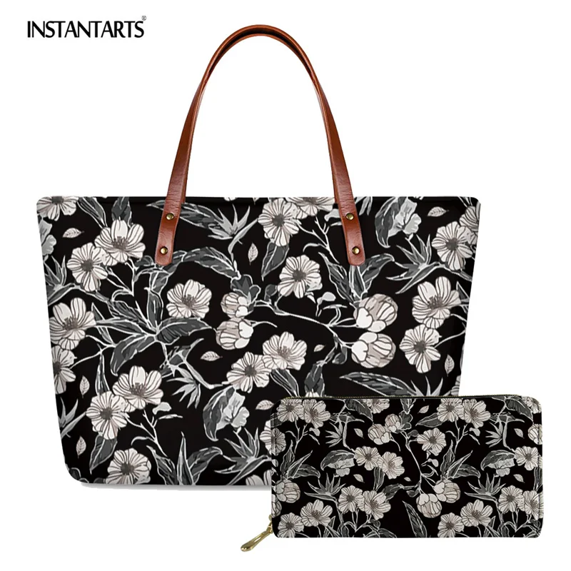 

INSTANTARTS Women Luxury 2pcs Leather Handbag Vintage Hawaiian Floral Print Large Shoulder Handle Bag and Wallet Shopping Tote