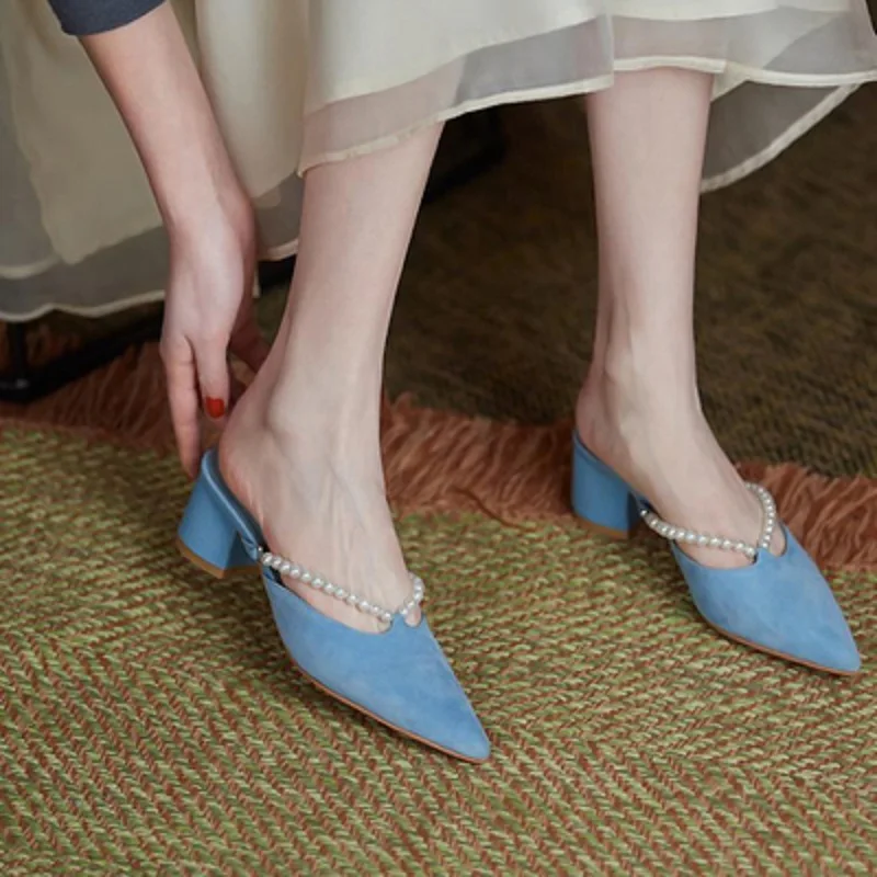 

Полутапочки Baotou, летние новые изысканные женские туфли с искусственным жемчугом, туфли Muller на высоких каблуках