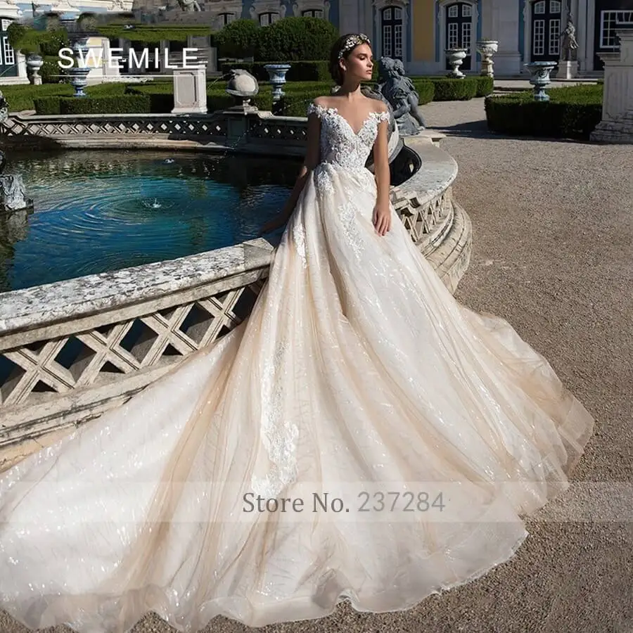 

NEW Design Romantic Sweetheart Lace Princess Wedding Dress Off the Shoulder Luxury Beaded Appliques Short Shining Wedding Gowns