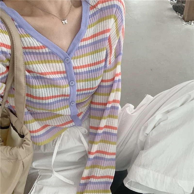 

Cardigan Women Striped Harajuku Panelled Breathable Knitted Sweater Spring Female All-match Casual Student Crop Top Loose V-neck