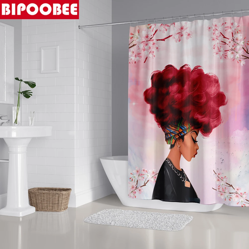 Розовая занавеска для душа женщин Африканский Коврик ванны с красными волосами