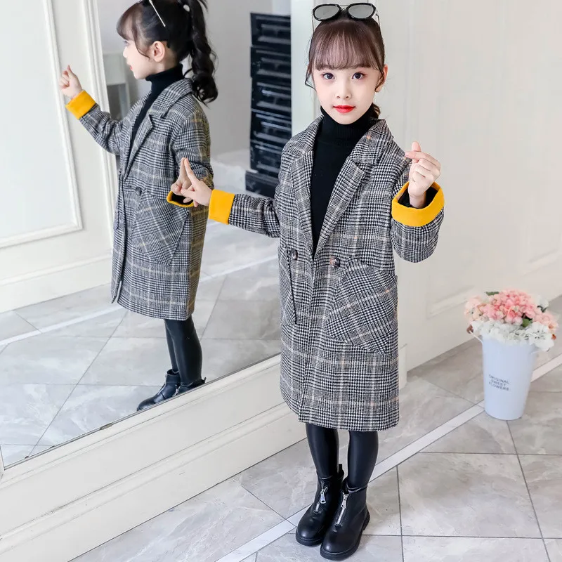 Пальто для девочек на весну и зиму длинная одежда в клетку Детские топы