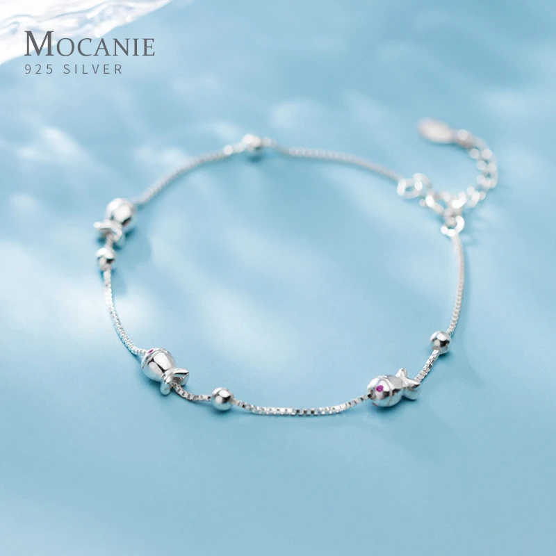 

Mocanie Fashion 925 Sterling Silver Sweet Lovely Little Fishs Light Beads Bracelet for Women Box Chain Fine Jewelry Girl Gift
