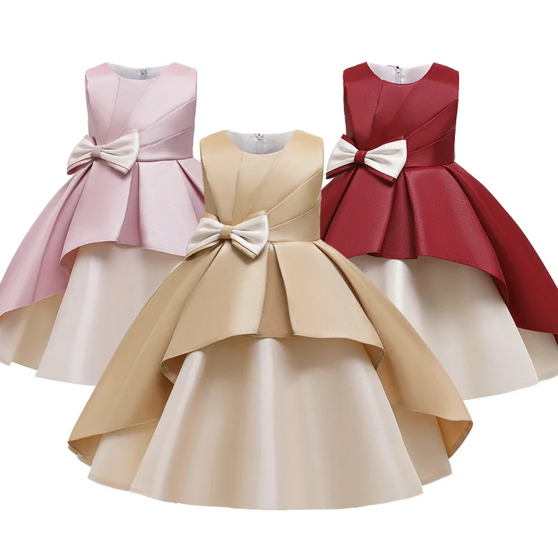 

Elegant Girls Satin Ball Gown Children princess Beaded Lace Bow Dress For wedding and Birthday Party Frocks 2 4 6 8 10 12 Yrs