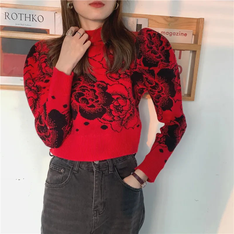 

retro floral print elegant slim fitted winter sweater termperament puff sleeve all-match streetwear fall winter fashion 2020