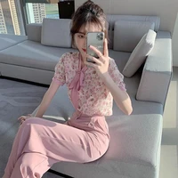 casual fashion suit women spring and summer 2021 new temperament floral chiffon shirt loose wide leg pants suit