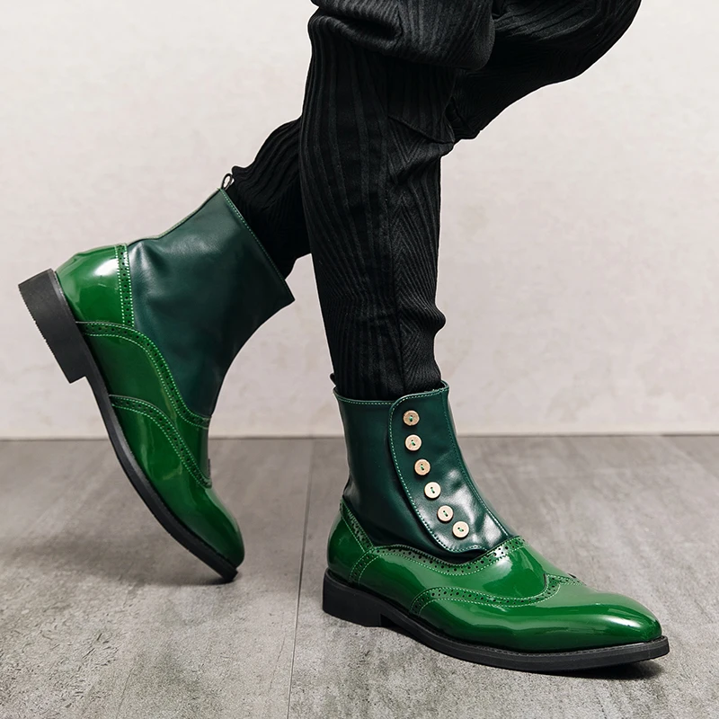 

Patent Leather Fashion Men's Casual Boots Brand Large Size Pointed Toe Mens Motorcycle Boots Brogue Boots Designer Chelsea Boots