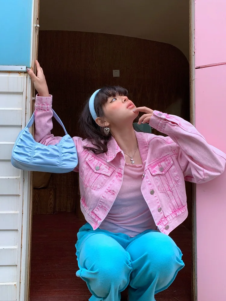 

Vintage High Waist Pink Denim Jacket 2021 New Stylish Denim Suits for Women Loose Casual Short Jackets Slit Skirt Good-quality