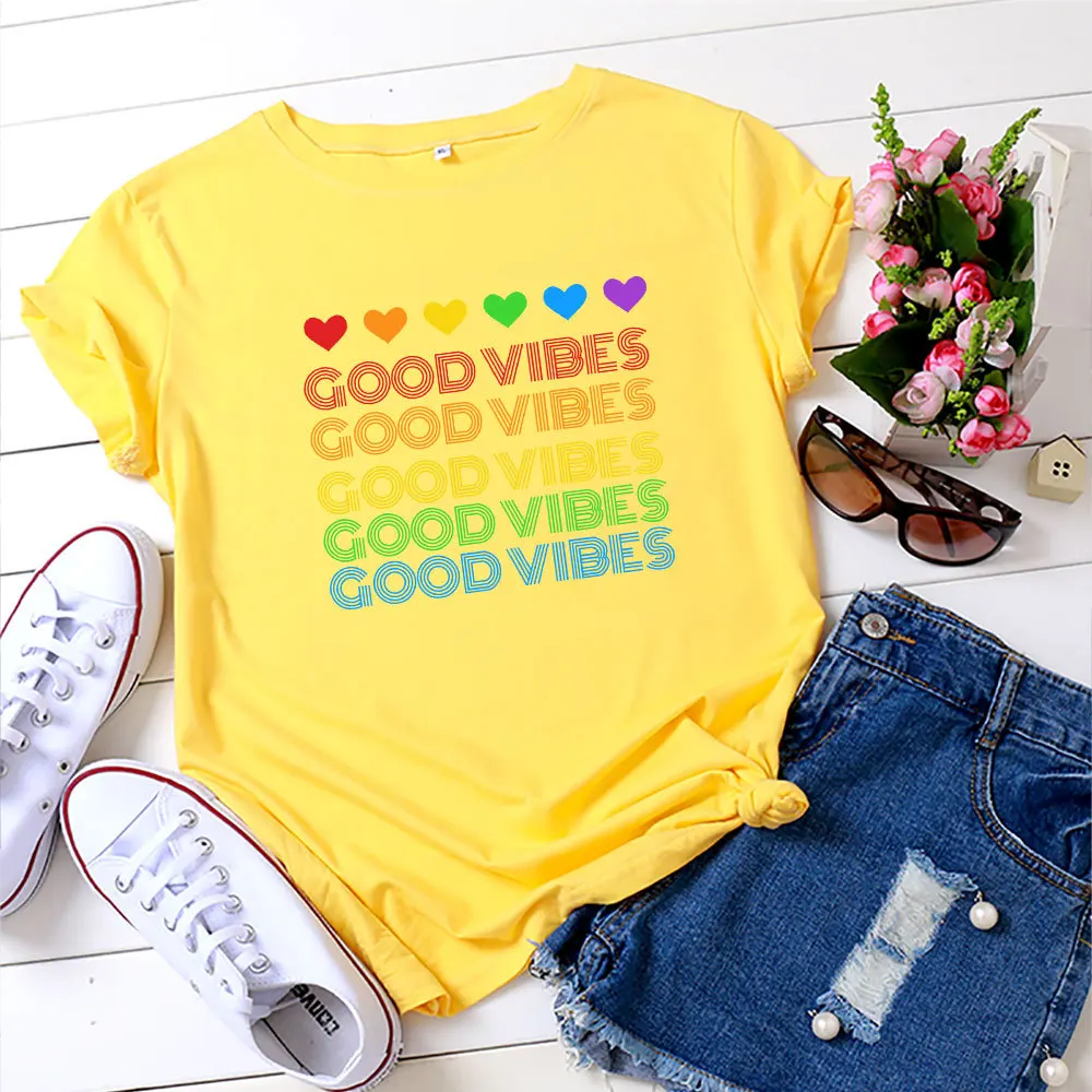 MK GOOD VIBES сердце С принтом Футболка с короткими рукавами для женщин хлопковая