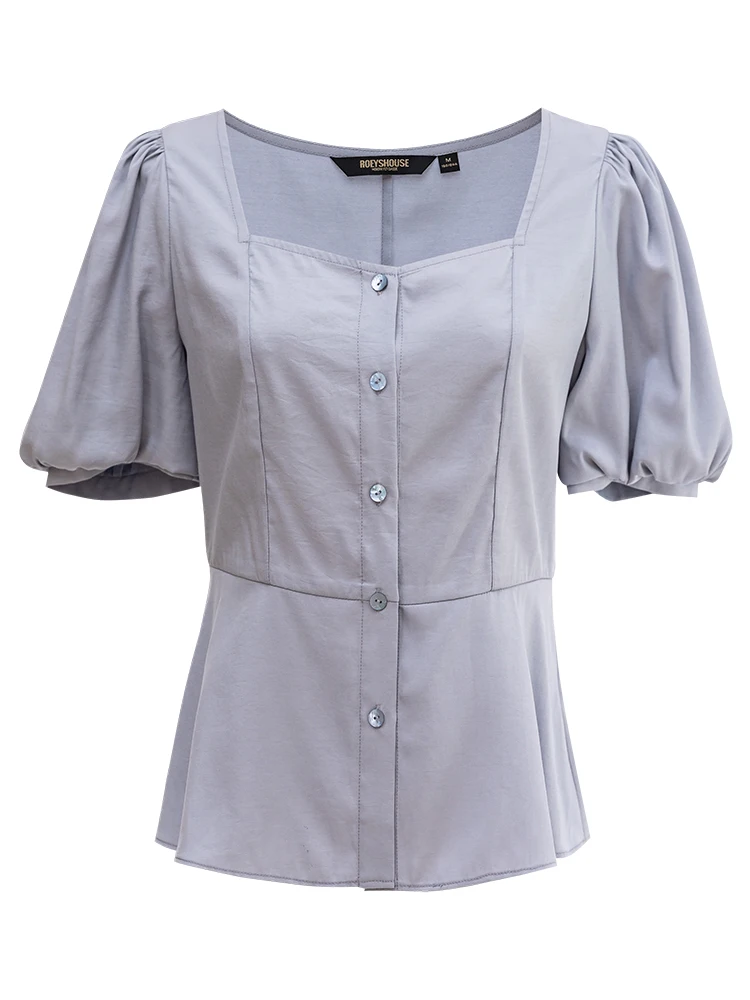 

French Style Retro Lantern Sleeve Shirt 2020 Summer New Elegant Shirt Solid Color Square Collar Top