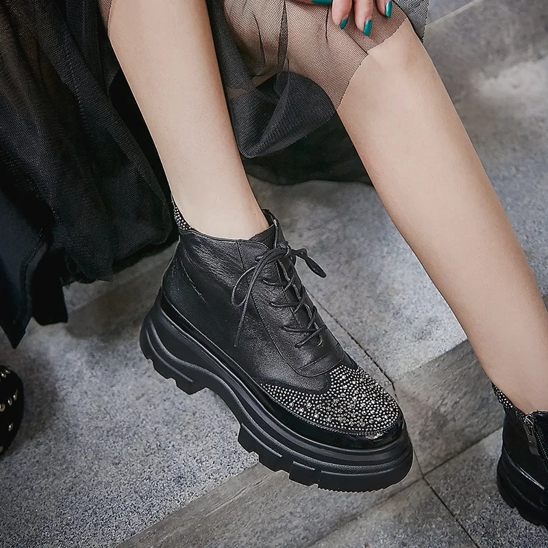

autumn winter ankle boots for women motorcycle boots chunky high heels platform luxury leather short boots crystal shoes female
