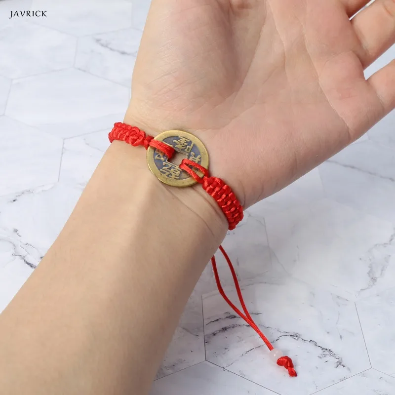 

Chinese Style Wealth Good Lucky Charm Copper Coin Pendant Adjustable Red String Bracelet Jewelry For Unisex