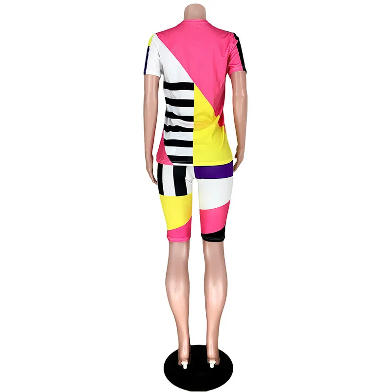 

S-5XL Plus Size Tracksuit Women Summer 2 Two Piece Set Geometric Striped Colorblock Short Sleeve T-Shirt And Shorts Casual Suits