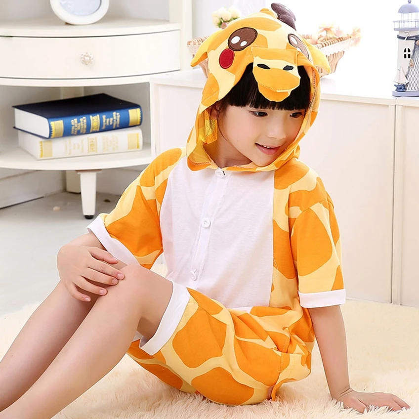 

Summer Cotton New Short Sleeve Kigurumi Pajamas Hooded Animal Cartoon Boys Pyjamas Onesie Pijamas for Girls Kids Sleepwear